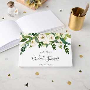 Elegant White Roses Greenery Floral Bridal Shower Guest Book