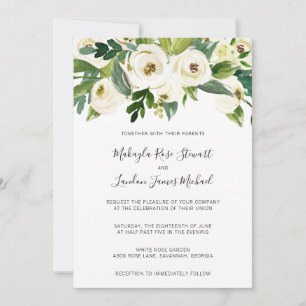 Elegant White Roses Greenery Floral Wedding Invitation