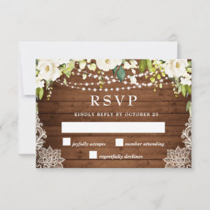 Elegant White Roses Greenery Lace Rustic Wedding RSVP Card