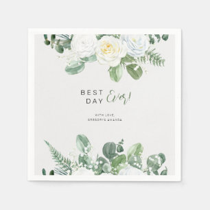 Elegant White Roses & Greenery  Napkin