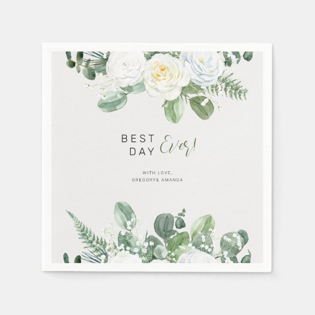 Elegant White Roses & Greenery  Napkin (Front)