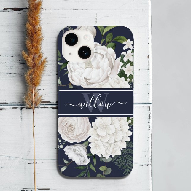 Elegant White Roses Greenery Navy Blue Monogram Case-Mate iPhone Case (Creator Uploaded)
