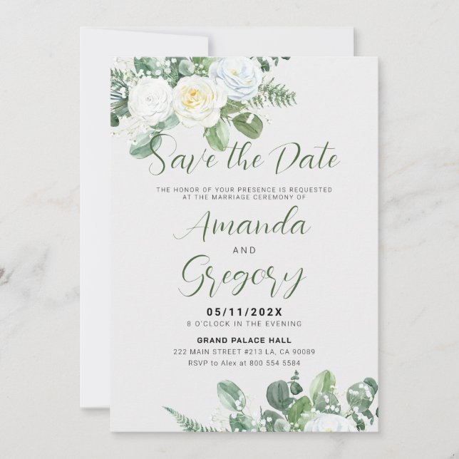 Elegant White Roses & Greenery Save-The-Date Invitation (Front)