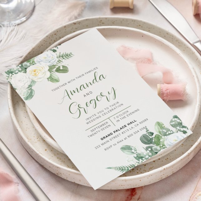 Elegant White Roses & Greenery Wedding Invitation (Creator Uploaded)