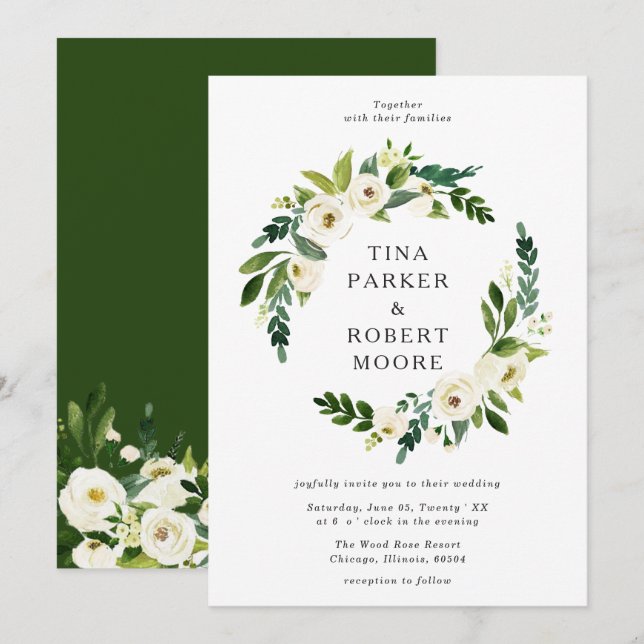 Elegant White Roses Greenery Wedding Monogrammed Invitation (Front/Back)