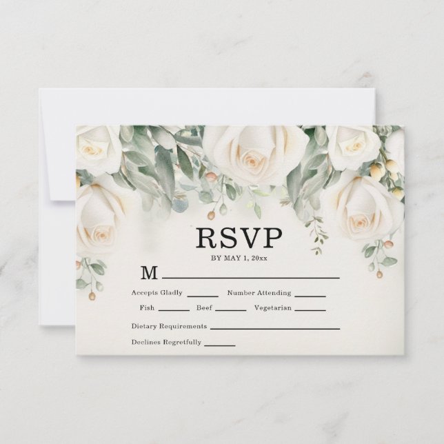Elegant White Roses Greenery Wedding RSVP Card (Front)