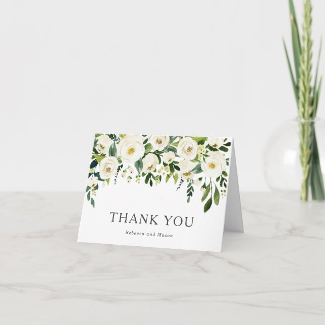 Elegant White Roses Greenery Wedding Thank You (Front)