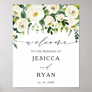 Elegant White Roses Greenery Wedding Welcome Sign