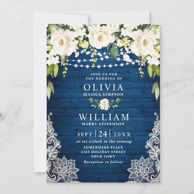 Elegant White Roses Lace Rustic Blue Wood Wedding Invitation (Front)