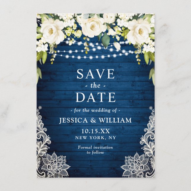 Elegant White Roses Lace Rustic Blue Wood Wedding Save The Date (Front)