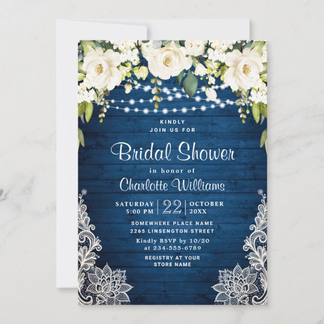 Elegant White Roses Lace Rustic Bridal Shower Invitation (Front)