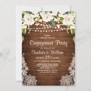 Elegant White Roses Lace Rustic Engagement Party Invitation
