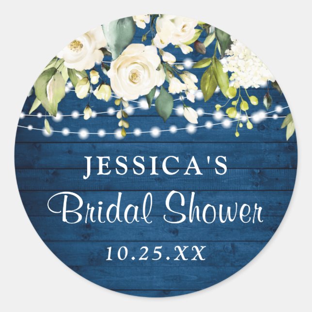 Elegant White Roses Lace Rustic Wood Bridal Shower Classic Round Sticker (Front)