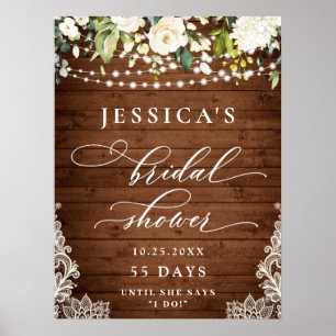 Elegant White Roses Lace Rustic Wood Bridal Shower Poster