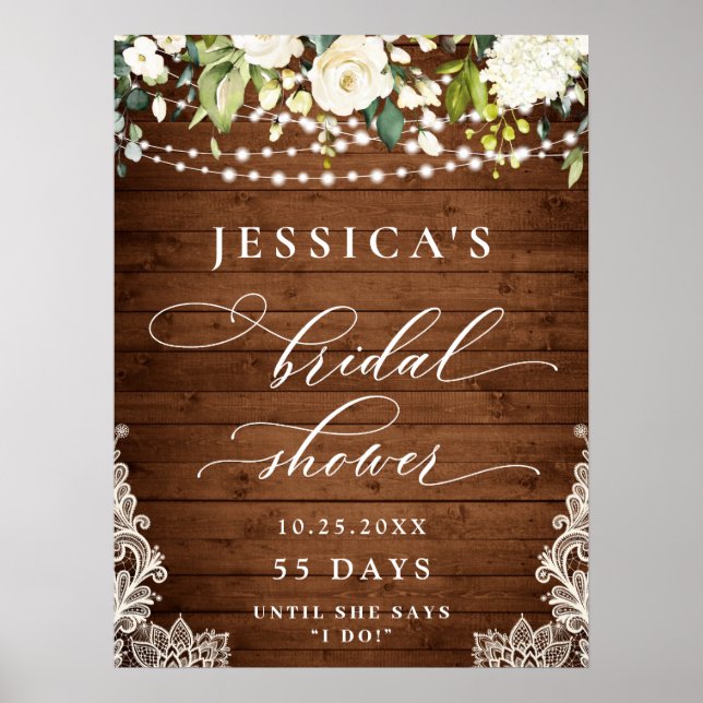 Elegant White Roses Lace Rustic Wood Bridal Shower Poster (Front)