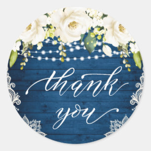 Elegant White Roses Lace Rustic Wood Thank You Classic Round Sticker