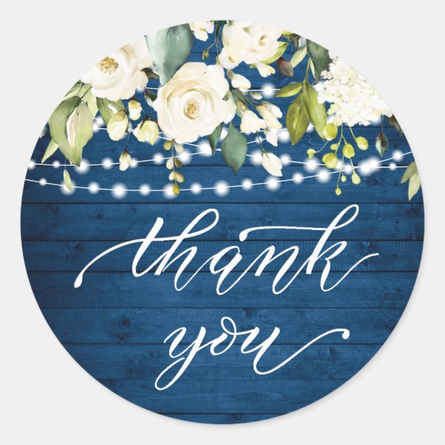 Elegant White Roses Lace Rustic Wood Thank You Classic Round Sticker (Front)