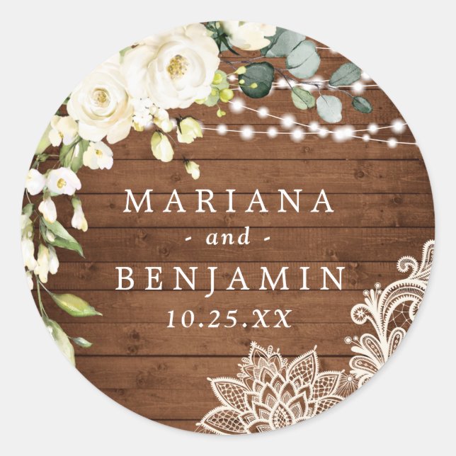 Elegant White Roses Lace Rustic Wood Wedding Classic Round Sticker (Front)