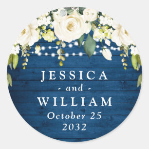 Elegant White Roses Lace Rustic Wood Wedding Classic Round Sticker