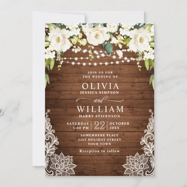 Elegant White Roses Lace Rustic Wood Wedding Invitation (Front)
