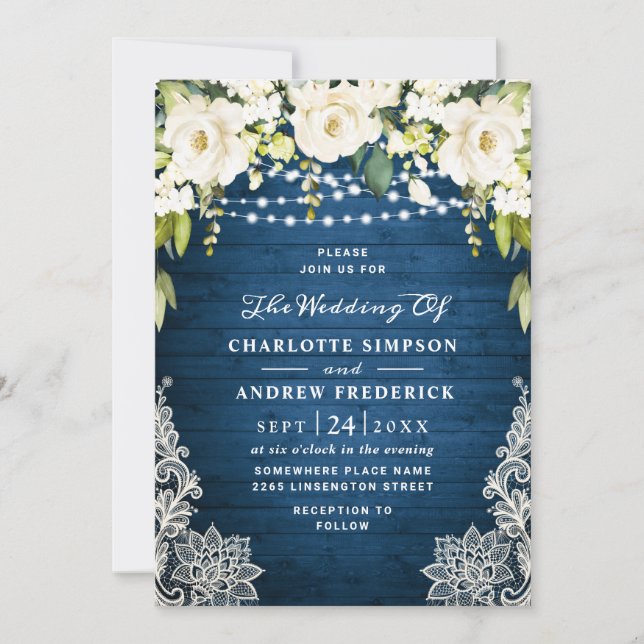 Elegant White Roses Lace Rustic Wood Wedding Invitation (Front)