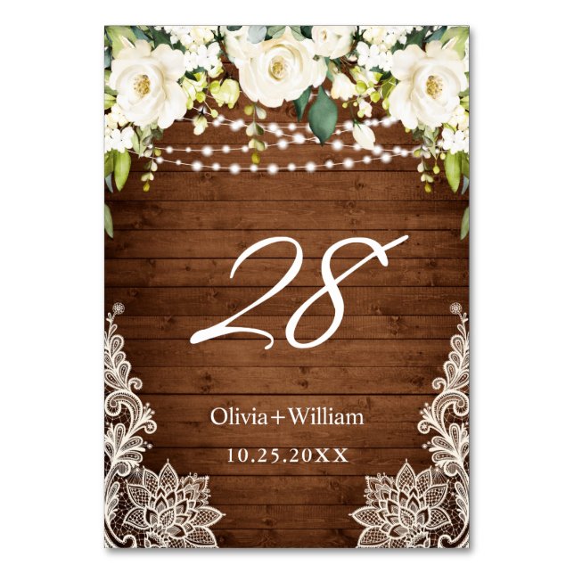 Elegant White Roses Lace Rustic Wood Wedding Table Number (Front)