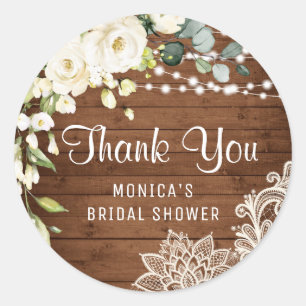 Elegant White Roses Lace Thank You Bridal Shower Classic Round Sticker