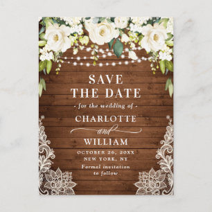Elegant White Roses Lace Wedding Save the Date Postcard