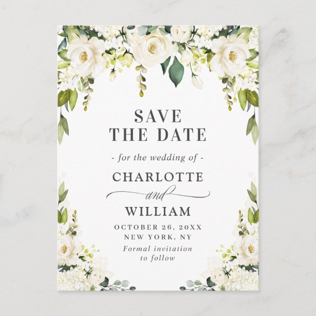 Elegant White Roses Lace Wedding Save the Date Postcard (Front)