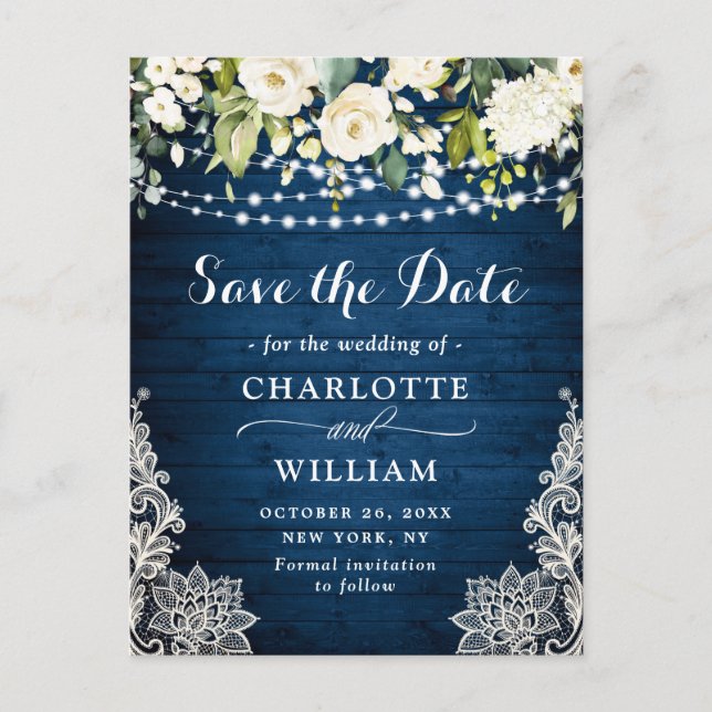 Elegant White Roses Lace Wedding Save the Date Postcard (Front)