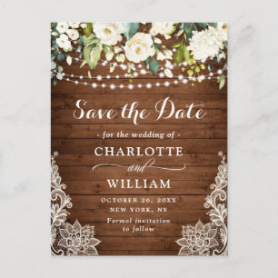 Elegant White Roses Lace Wedding Save the Date Postcard