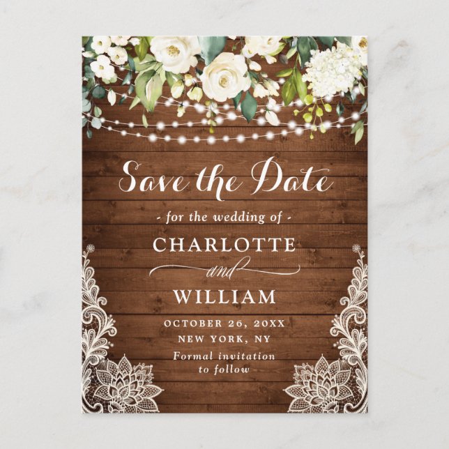 Elegant White Roses Lace Wedding Save the Date Postcard (Front)
