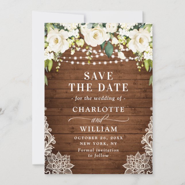 Elegant White Roses Lace Wood Rustic Wedding Save The Date (Front)