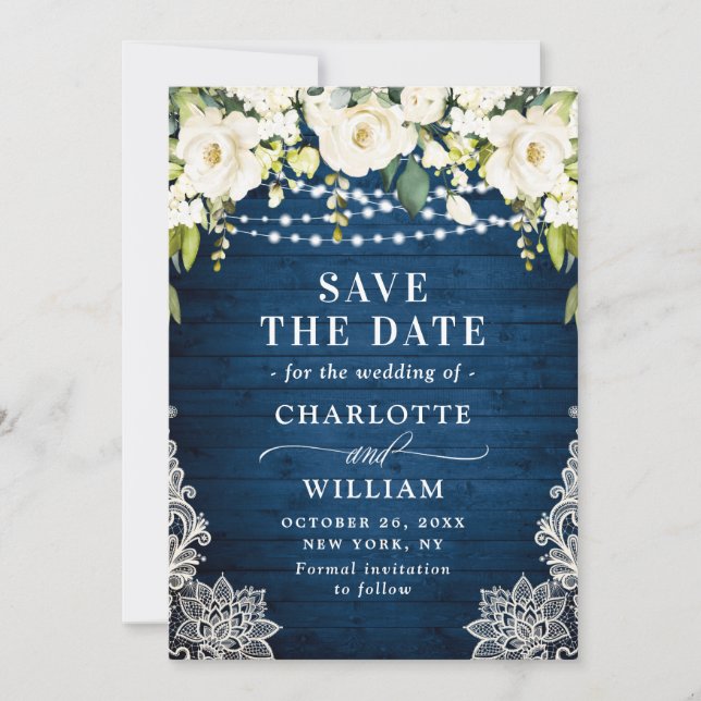 Elegant White Roses Lace Wood Rustic Wedding Save The Date (Front)