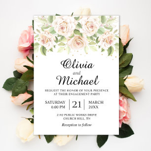 Elegant White Roses Minimalist Engagement Party Invitation