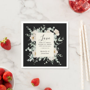 Elegant White Roses on Black Wedding Bible Verse Napkin