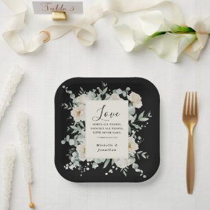 Elegant White Roses on Black Wedding Bible Verse Paper Plate