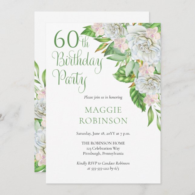 Elegant White Roses | Orchids 60th Birthday Party Invitation (Front/Back)
