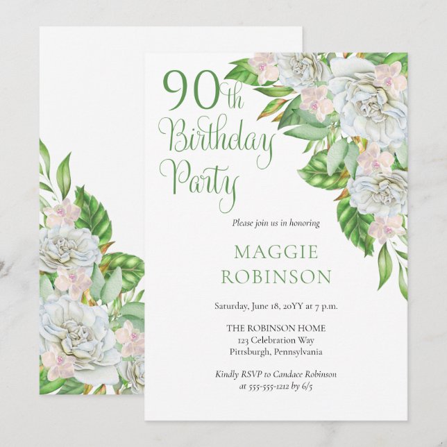 Elegant White Roses | Orchids 90th Birthday Party Invitation (Front/Back)
