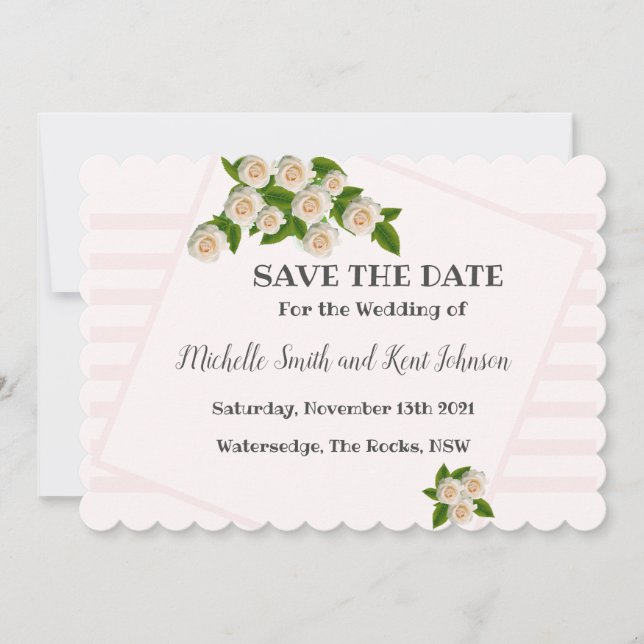 Elegant White Roses Pink Blush Save The Date (Front)