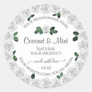 Elegant White Roses Product Labels Green Leaves