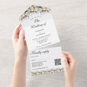 Elegant White Roses RSVP QR Code Wedding All In One Invitation