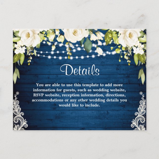 Elegant White Roses Rustic Wedding Details Card (Front)