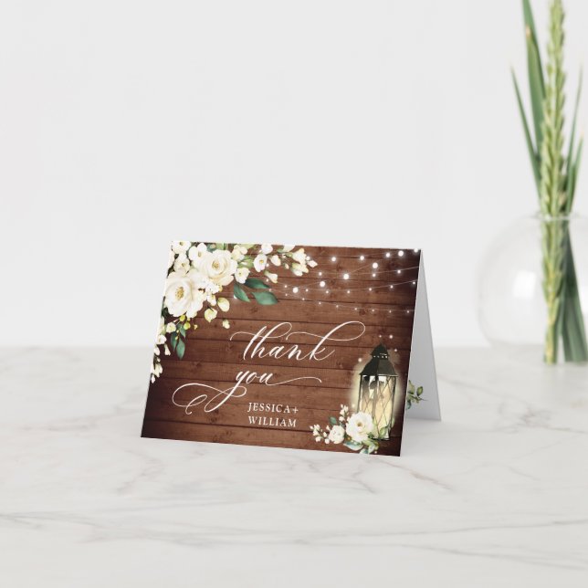 Elegant White Roses Rustic Wood Lantern Thank You Card (Front)