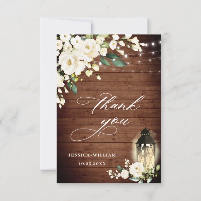 Elegant White Roses Rustic Wood Lantern Thank You Card (Front)