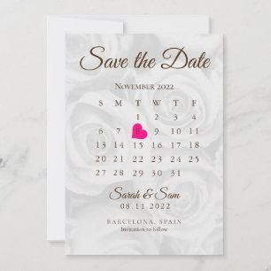 Elegant White ROses Save The Date Calendar Wedding Invitation