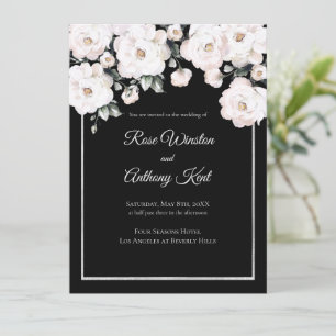 Elegant White Roses Silver Frame Black Wedding Invitation