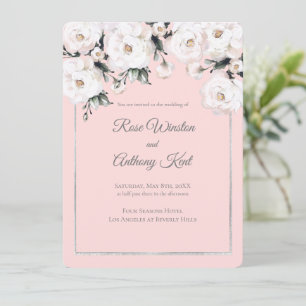 Elegant White Roses Silver Frame Pink Wedding Invitation
