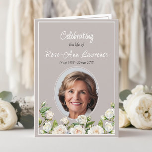 Elegant white roses taupe funeral folded programme