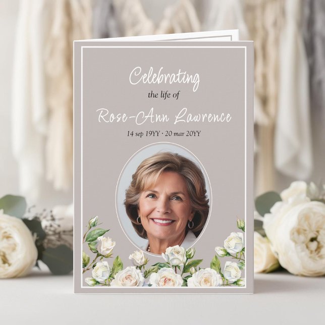Elegant white roses taupe funeral folded programme (Creator Uploaded)